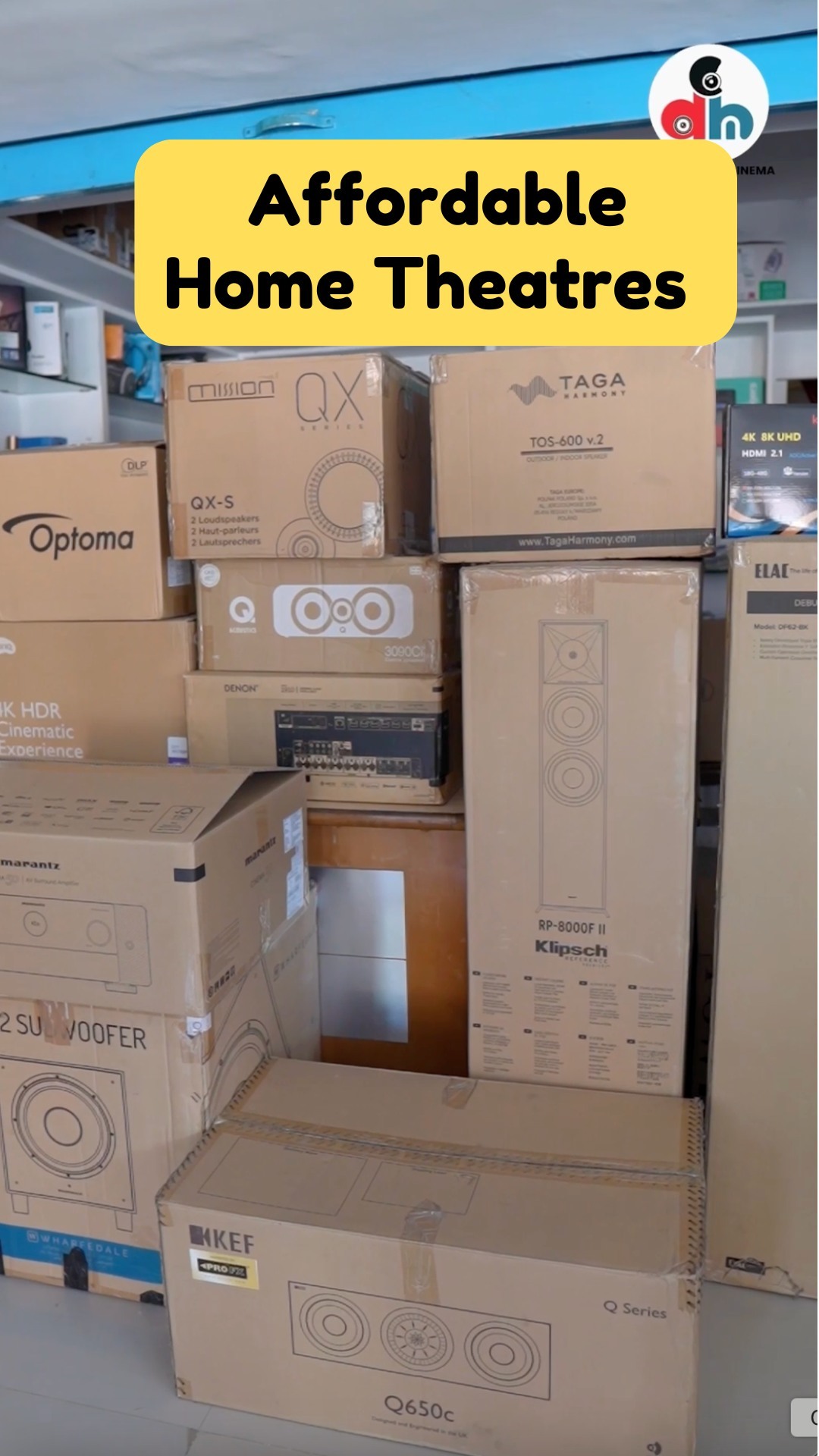 Boxed Optoma, Taga Harmony, Q Acoustics, KEF and Klipsch stock at the showroom